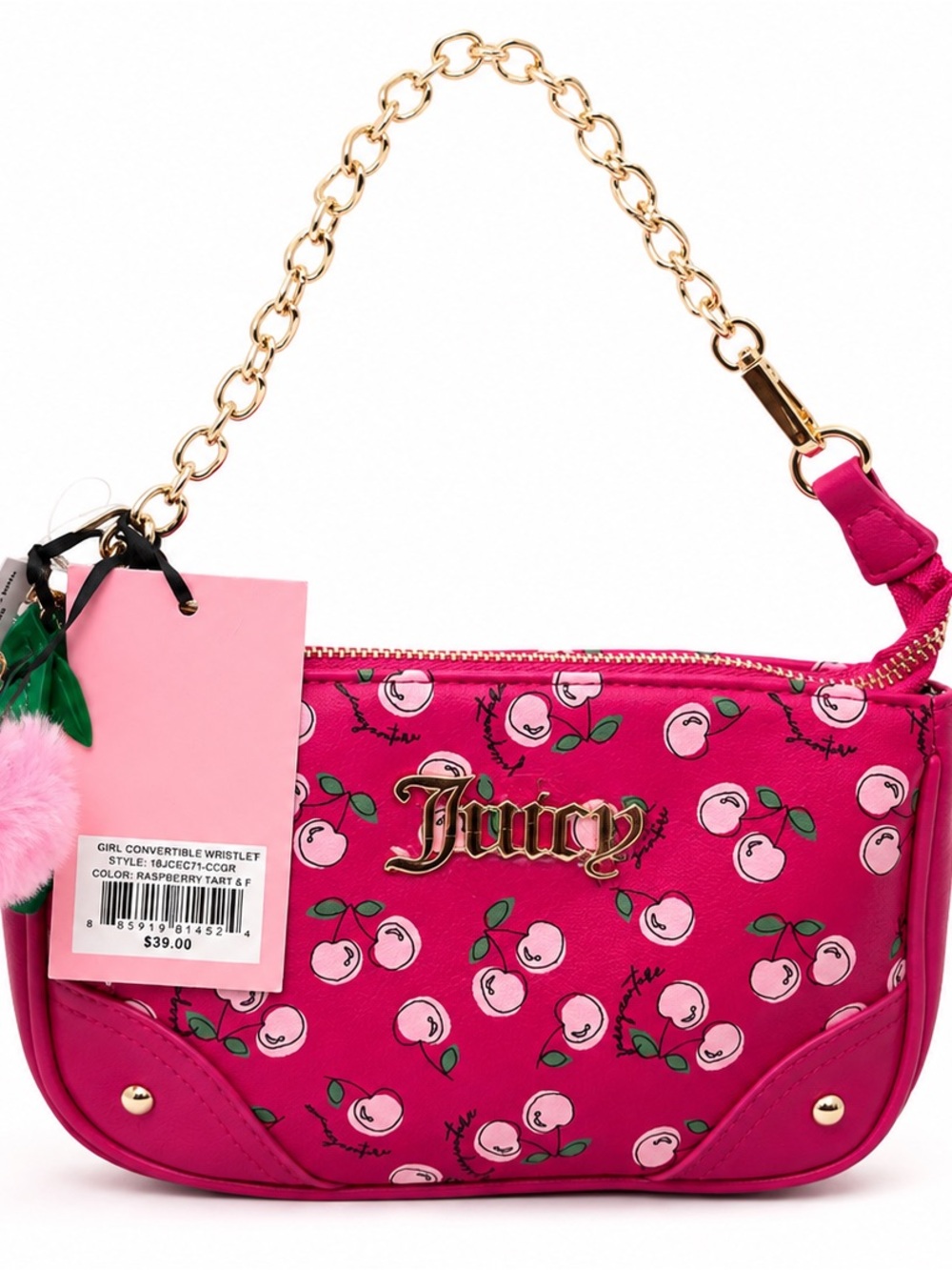 Juicy Couture Raspberry Pink Cherry Print Convertible Wristlet with Gold Chain